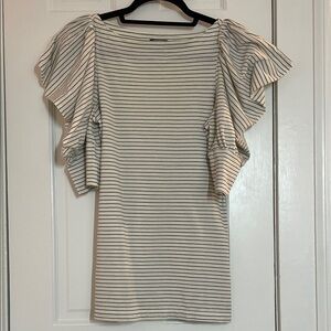 Rugby, Ralph Lauren, Cream & Black Striped Flutter Sleeve Top, Size Medium